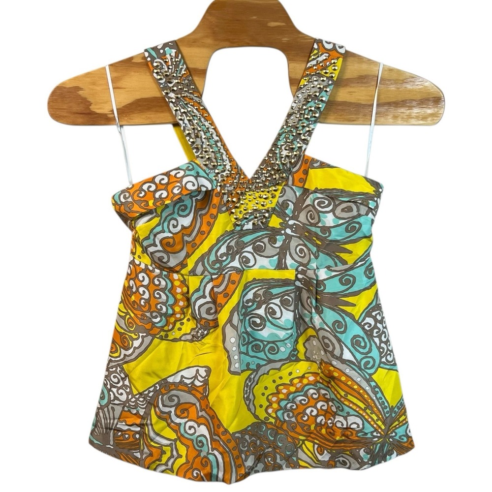 Kate Spade Womens 10 Silk Jana‎ Beaded Multicolored Sleeveless Babydoll Top